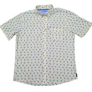 IZOD Men's Pineapple Short Sleeve Button Down Yellow with Blue Pineapples Large